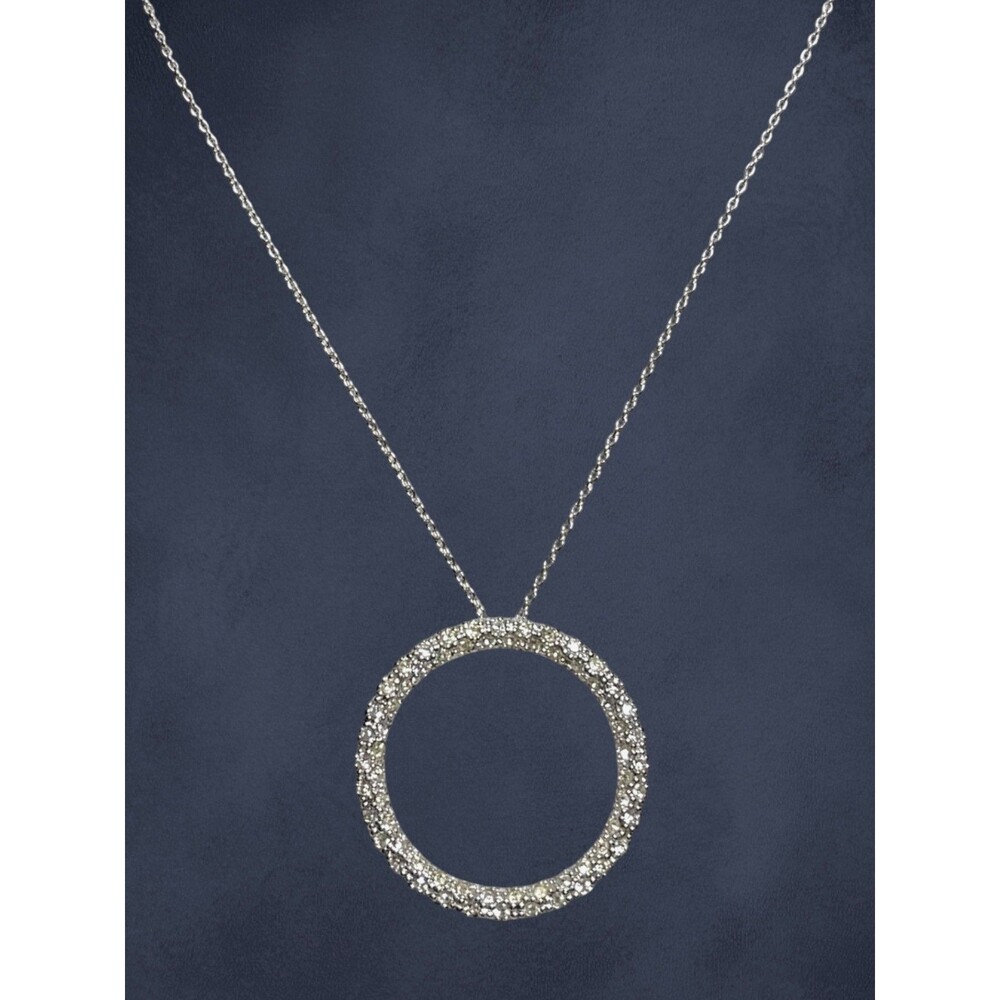 Open Circle Pendant Necklace Silver Tone Pave Crystal Rhinestone 17" Chain